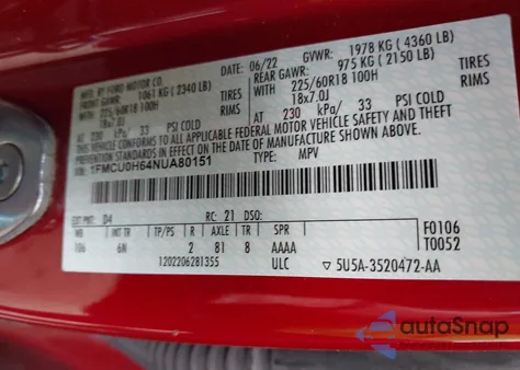 2022 Ford Escape Sel z USA, uszkodzony, nr VIN 1FMCU0H64NUA80151